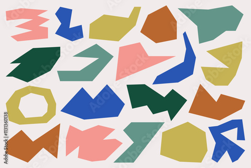 Set of various colorful abstract angular flat vector shapes with paper cut aesthetics