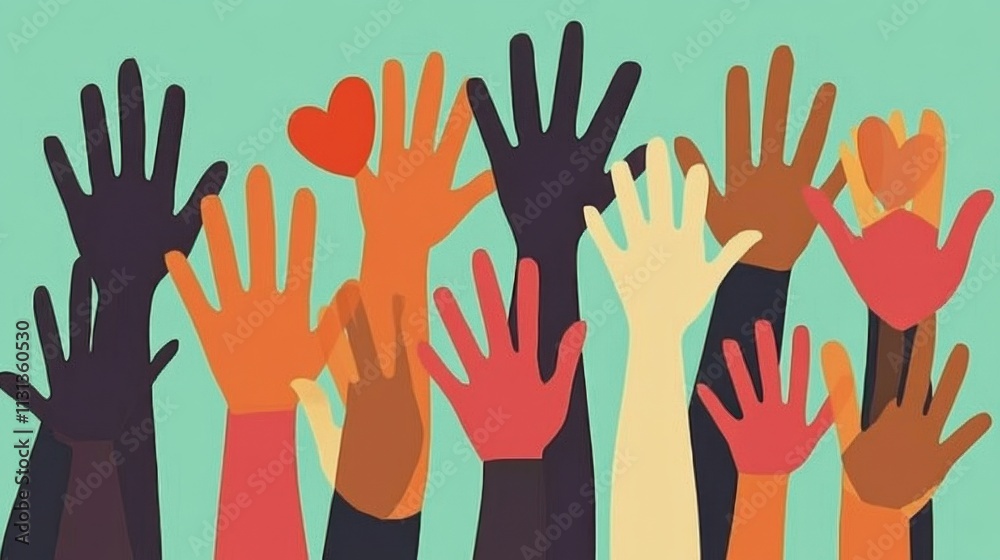 Fototapeta premium Charity concept illustration featuring raised hands and hearts.