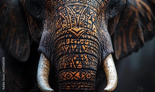 Ornate Tribal Design Adorns Elephant Trunk And Face photo