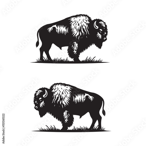bison, pine tree, and mountain vector silhouette