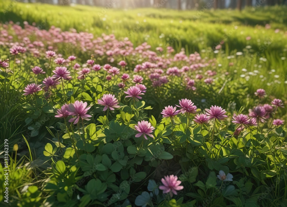 Obraz premium A lush and vibrant patch of clover in a sunny meadow, meadow, sunny meadow