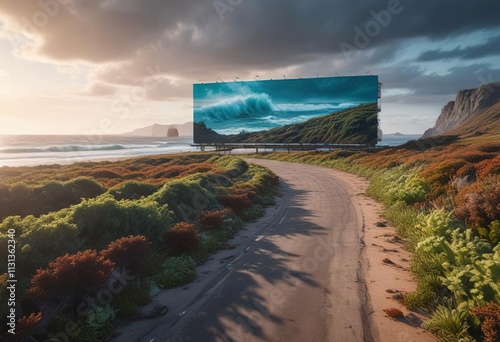 A lonely road winds its way along the edge of the sea, with a gargantuan billboard looming in the background, partially obscured by a thick layer of seaweed, desolation, landscape, billboard