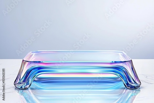 Stylish glass dish with a colorful iridescent finish on a sleek surface. photo