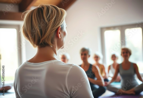 Middle aged woman yoga instructor leading a yoga class for elderly people in bright studio. Concept of wellness, senior fitness and yoga training for all ages