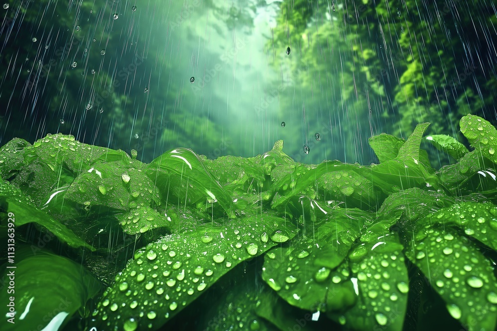 Fototapeta premium Green droplets on glass reflect a vibrant forest during a gentle rain shower in a serene natural setting