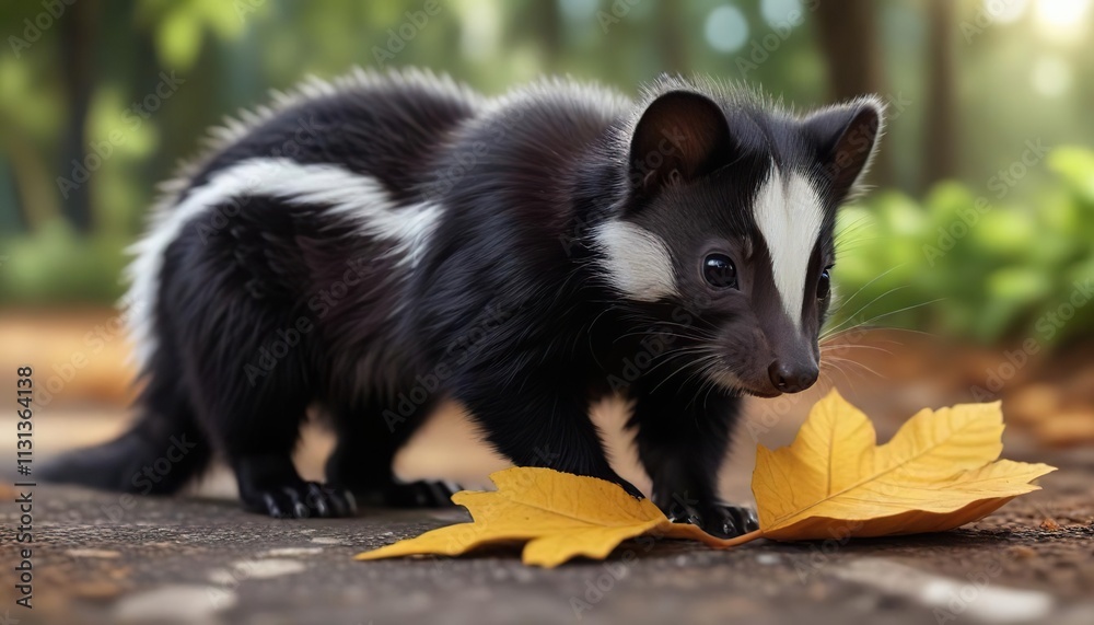 Obraz premium A small skunk cub bends to sniff a leaf on the roadside, rural, landscape, bush