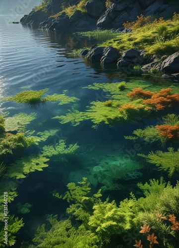 A tranquil body of water with a thick layer of algae covering its surface, water, greenish hue, alga photo