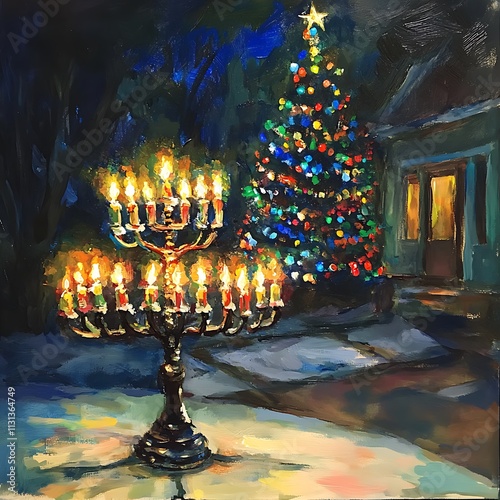 Lighting the menorah and christmas tree celebration in winter wonderland festive night scene artistic illustration photo