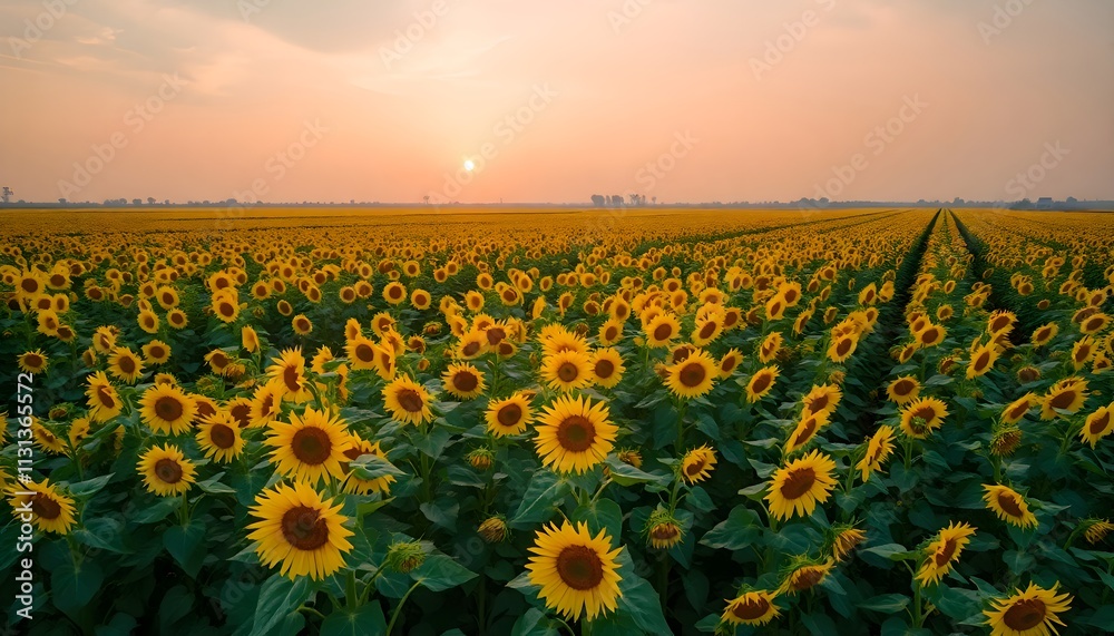 Fototapeta premium Sunflower Field at Sunset Capturing Nature's Beauty and Tranquility