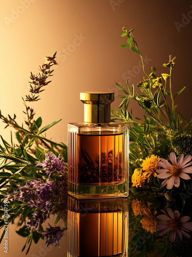 Product photography of an amber glass Bottega Veneta bottle with a gold cap, sitting on a dark reflective surface, surrounded by exotic herbs and flower photo