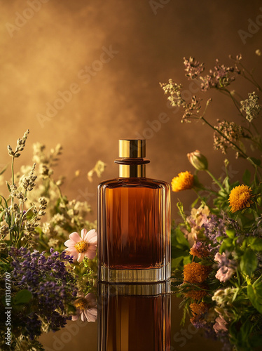 Product photography of an amber glass Bottega Veneta bottle with a gold cap, sitting on a dark reflective surface, surrounded by exotic herbs and flower