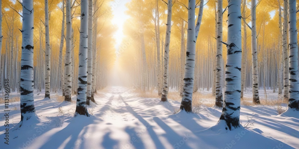 Obraz premium Line of aspen trees covered in a layer of fresh powder and frosty sunbeams, snowy aspen, frozen nature