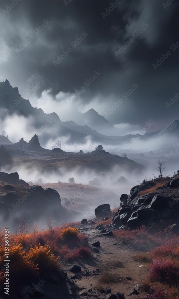 Fototapeta premium Mysterious fog rises from the ground on a dark and isolated landscape , blue smoke, natural phenomena, eerie ambiance