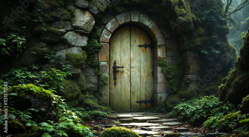 Mystical doorway in a moss-covered stone structure