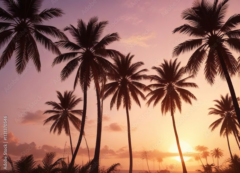 Fototapeta premium Palm trees swaying in the gentle breeze at sunrise, tropical, sunrise, beach