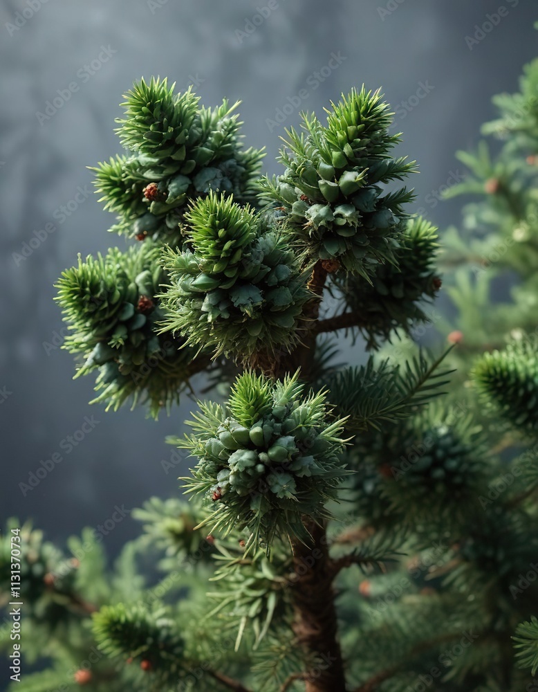 Fototapeta premium Prickly evergreen branch with clusters of green cones and needles, plant life, forest