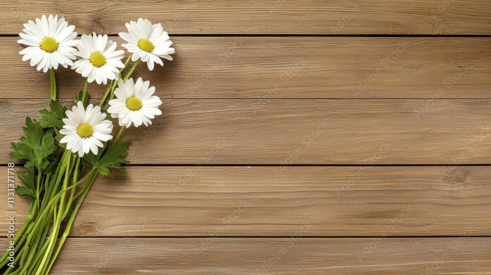 Fototapeta premium Fresh white daisies arranged on rustic wooden background create serene and natural atmosphere, perfect for spring decor or floral themes