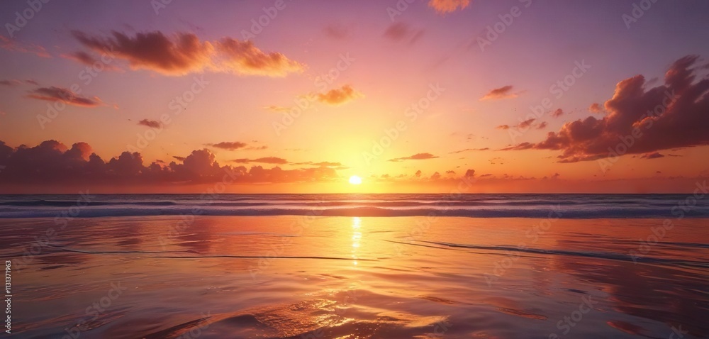 Obraz premium A kaleidoscope of warm colors bursts forth from the eastern horizon as daybreak awakens the sea, warm colors, sky