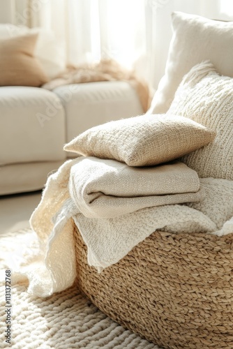 Cozy textured neutral living room with woven basket and plush pillows.