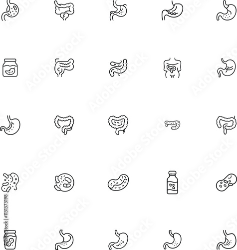 Digestive System Icons Stomach, Intestines, Probiotics, Pickles, Health