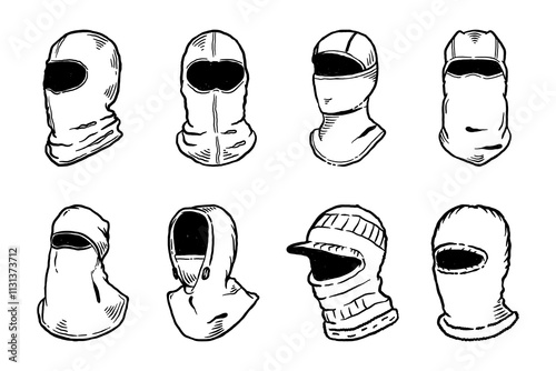 Set of Balaclava Winter Face Mask, hand drawn line sketch vector illustration
