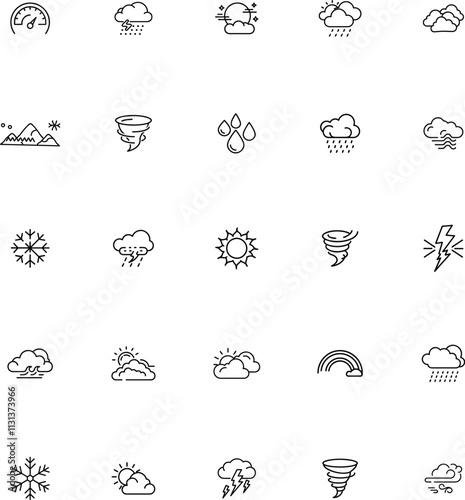 Weather Icons Sun, Rain, Snow, Wind, Storm, Clouds, Forecast, Temperature, Tornado, Hurricane