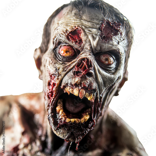 A horrifying zombie with decaying features and glowing eyes against a transparent background, Scary zombie on transparent background photo