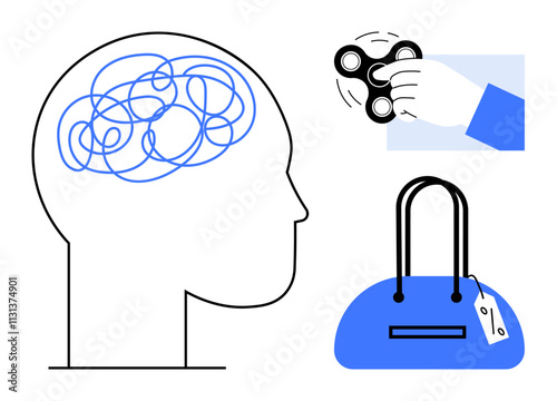 Human head with tangled lines representing thoughts, hand holding a fidget spinner, bag with tag. Ideal for mental health awareness, stress management, relaxation techniques, modern life challenges