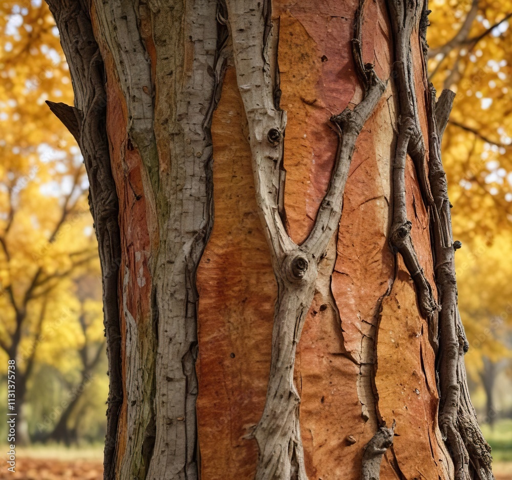 Naklejka premium Bark texture of a deciduous fruit tree in autumn, wooden surface, forest features, deciduous fruit tree