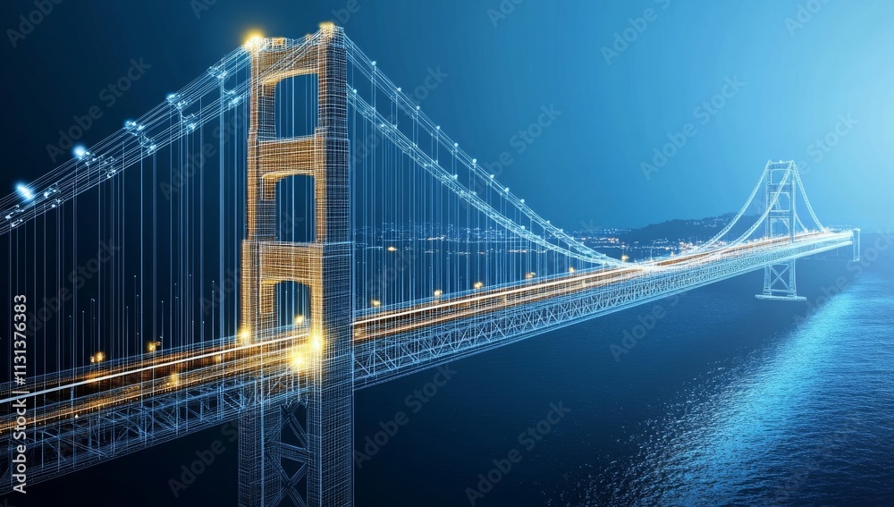 Fototapeta premium Digital Light Blue Bridge with Illuminated Outline on Dark Background