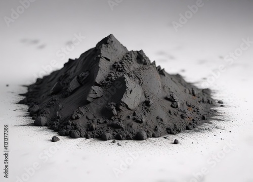 Fine grained activated charcoal powder against a clean white surface , powder, powdery material , granular substance