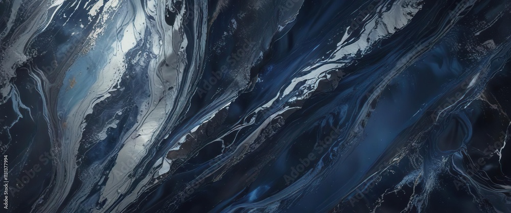 Obraz premium Iridescent blue and silver marble texture with subtle shimmer on a dark blue luxury fabric background, luxury fabric, marbled pattern, iridescent effect