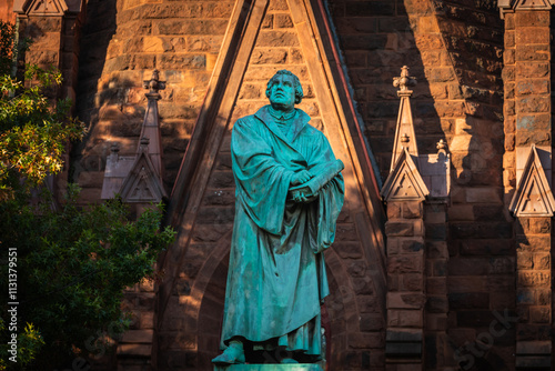 Statue of Chruch Reformer Martin Luther in Front of the Luther Place Memorial Church in Washington, DC, USA
