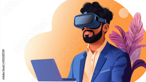 Man wearing virtual reality headset, using laptop in modern office setting, showcasing advanced technology and innovation. Engaging in immersive digital experience