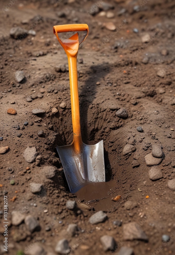 A single spade or small shovel partially submerged in a layer of soil and silt , yard work, earth A single spade or small shovel partially submerged in a layer of soil and silt , yard work, earth