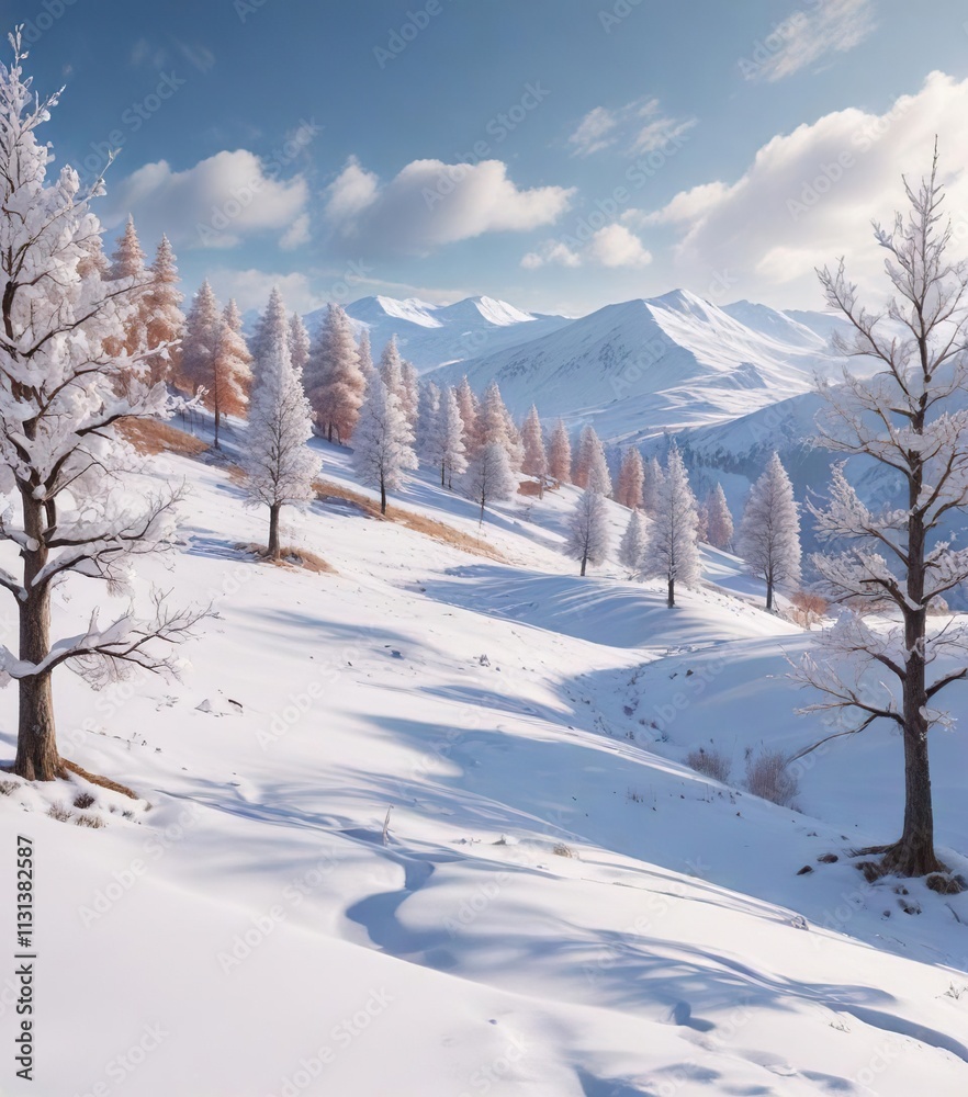 Obraz premium a snowy landscape with rolling hills and snow-covered trees, cold weather, winter landscape