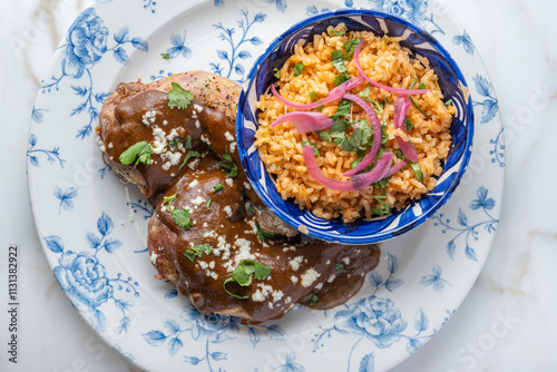 Mexican Oaxaca Mole with Chicken, Cotija cheese and Mexican Rice photo