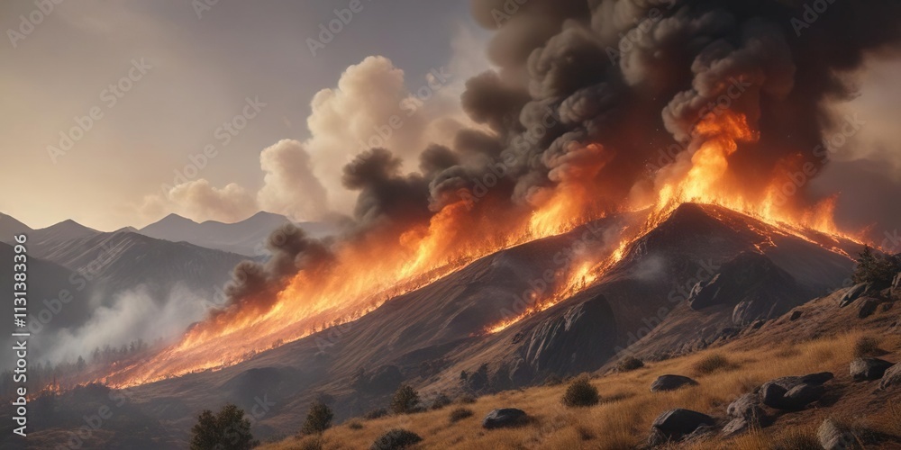 Fototapeta premium A wildfire fills the air with thick grey and orange smoke as it rages across a dry hillside, dusty terrain, forest fires, nature's fury