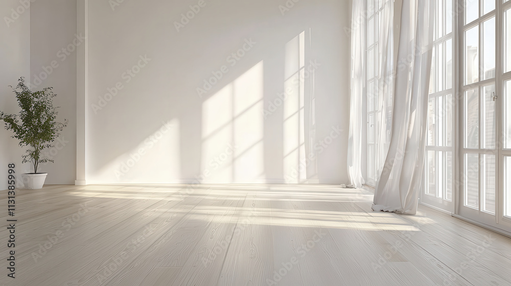 Fototapeta premium Bright and airy Scandinavian inspired living room with large windows, natural light, and minimal decor. potted plant adds touch of greenery to serene space