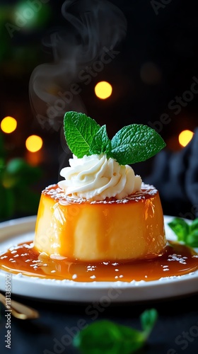Filipino leche flan on a white platter with caramel sauce, Southeast Asian dessert, rich and decadent