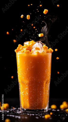 Filipino mais con hielo, sweet corn with milk and ice served in a tall glass, Southeast Asian dessert, sweet and nostalgic