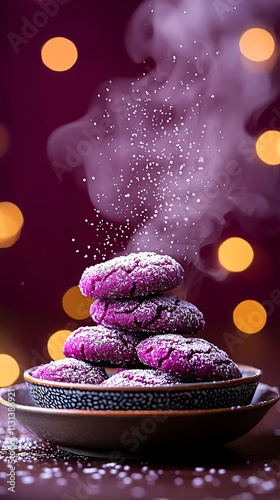 Filipino ube crinkles, vibrant purple cookies dusted with powdered sugar, arranged on a ceramic platter, Southeast Asian dessert, soft and colorful photo