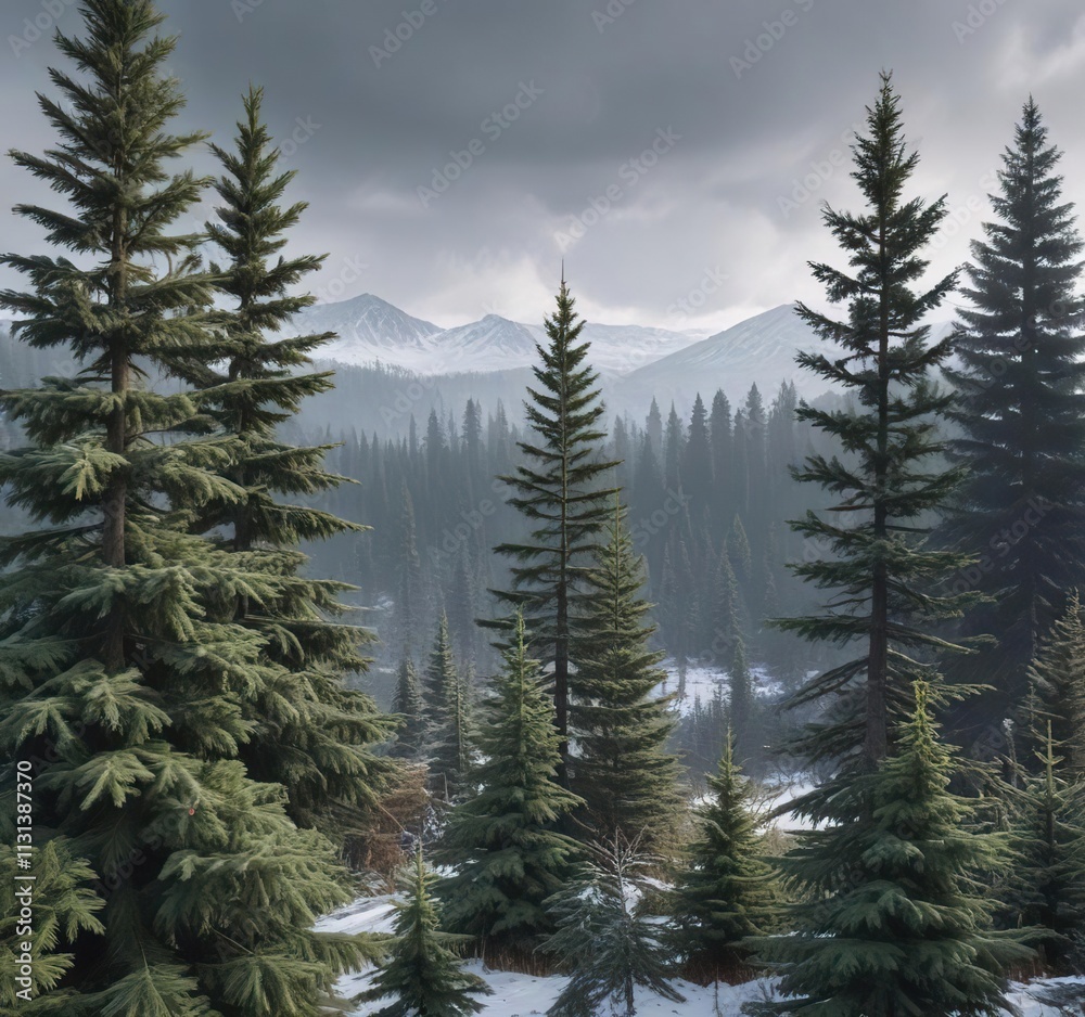 Fototapeta premium Dense spruce foliage in the foreground with a bleak winter background, wintry, barren land