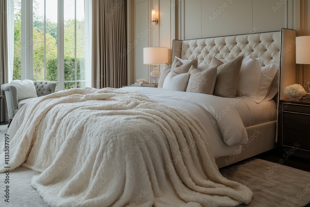 Fototapeta premium Cozy and inviting bedroom with natural light in a serene setting