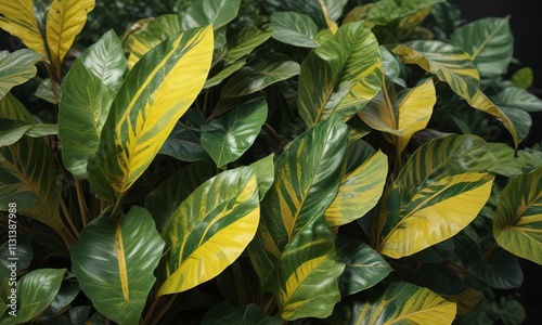 Large waxy leaves with yellow and green stripes, beautiful, unique photo