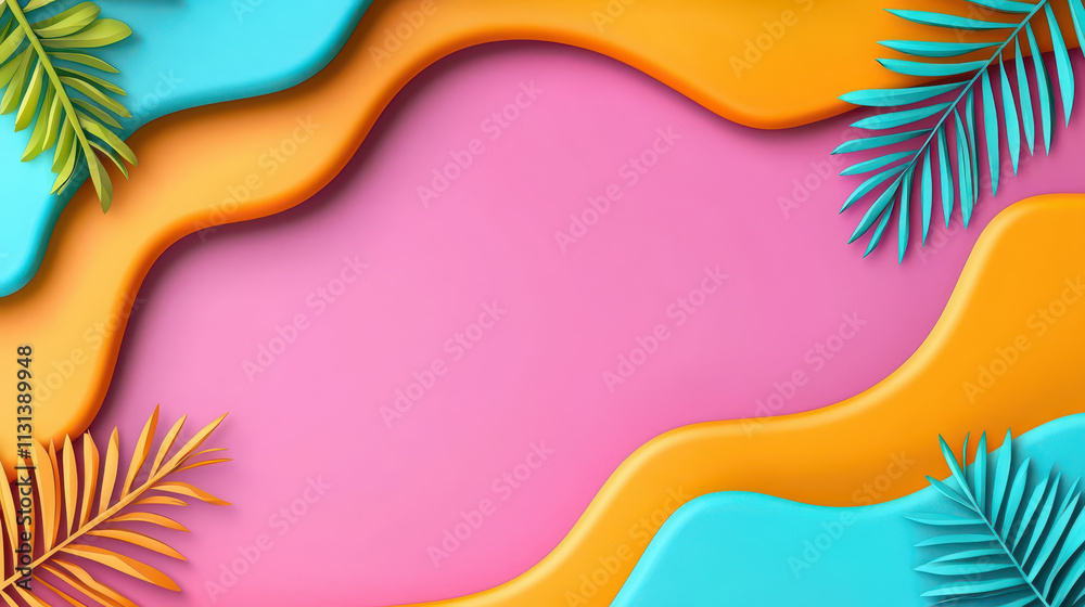 Obraz premium Vibrant gradient background with colorful waves and tropical leaves. Perfect for summer themes and creative designs