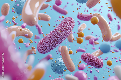 Futuristic microscopic illustration of gut bacteria in vibrant colors, showcasing various shapes and sizes. This artwork highlights complexity and diversity of microbial life