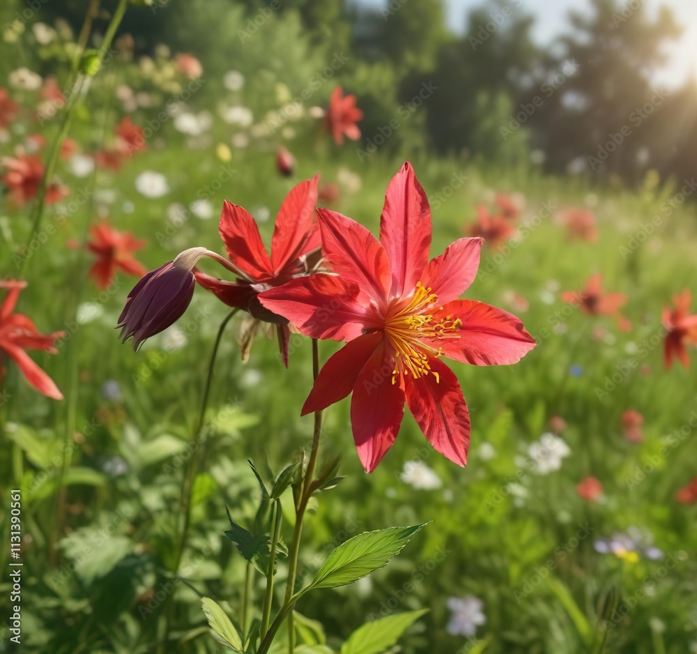 Fototapeta premium A delicate red columbine flower blooms in a sunny meadow, nature scene, meadow landscape