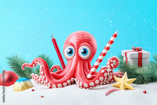 colorful octopus with big eyes holds festive items like candy cane and pen, surrounded by s decorations photo