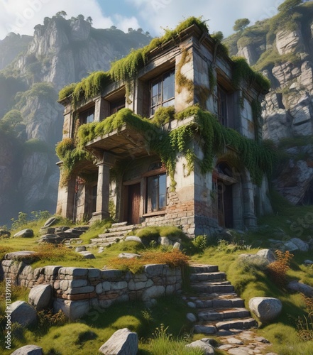 A partially ruined building on a hillside covered in vines and moss, nature, deterioration